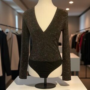 ECLIPSE BLACK METALLIC SPARKLE V-NECK LONG SLEEVE BODYSUIT/ Size M
